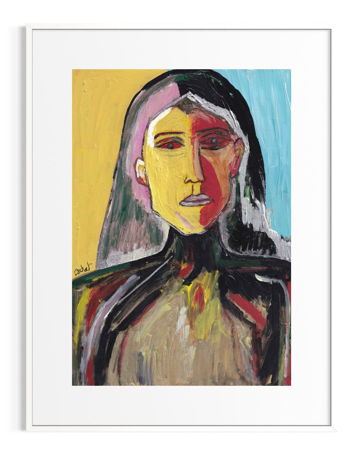 Framed painting of a stylized portrait with abstract colors on a white background