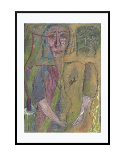 Abstract expressionist portrait of a whimsical woman with layered textures, titled "Headache" by Bahar Haghverdi