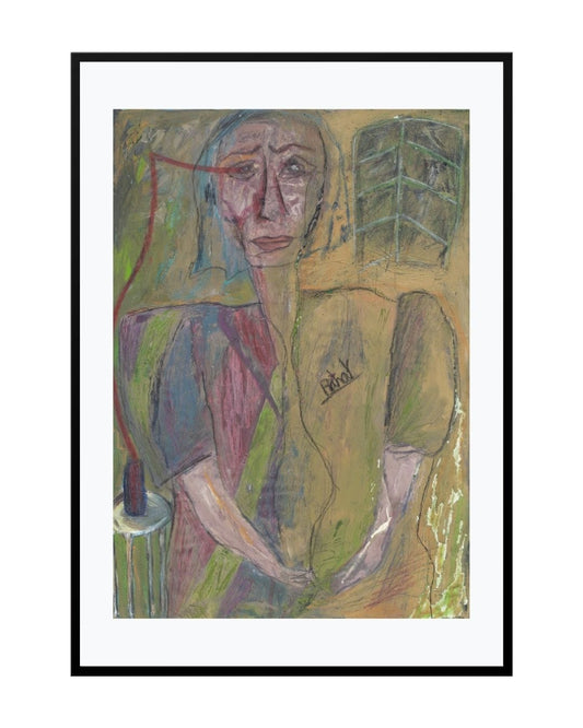 Abstract expressionist portrait of a whimsical woman with layered textures, titled "Headache" by Bahar Haghverdi