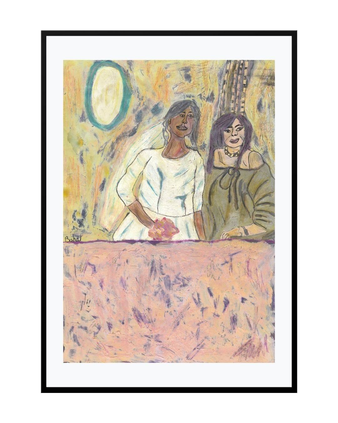 Emotional expressionist artwork titled "Wedding Dress" featuring two women in symbolic white dresses