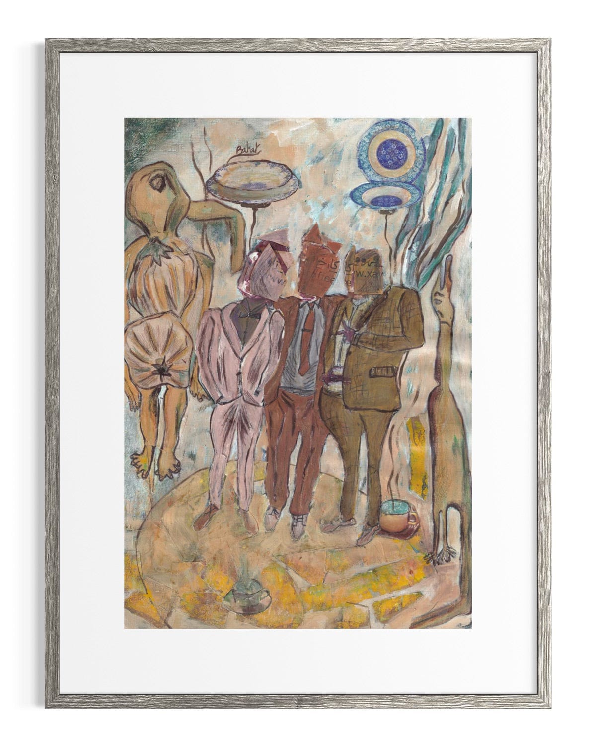 Framed artwork of a group of people in a stylized setting with abstract elements.