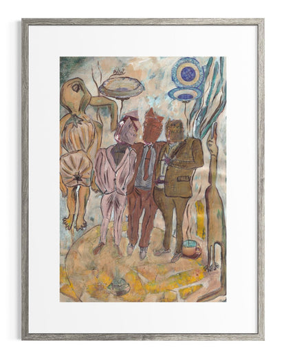 Framed artwork of a group of people in a stylized setting with abstract elements.