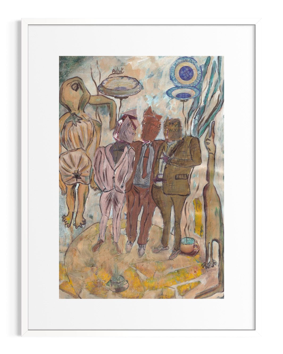 Framed artwork of a group of people in a stylized setting with abstract elements.