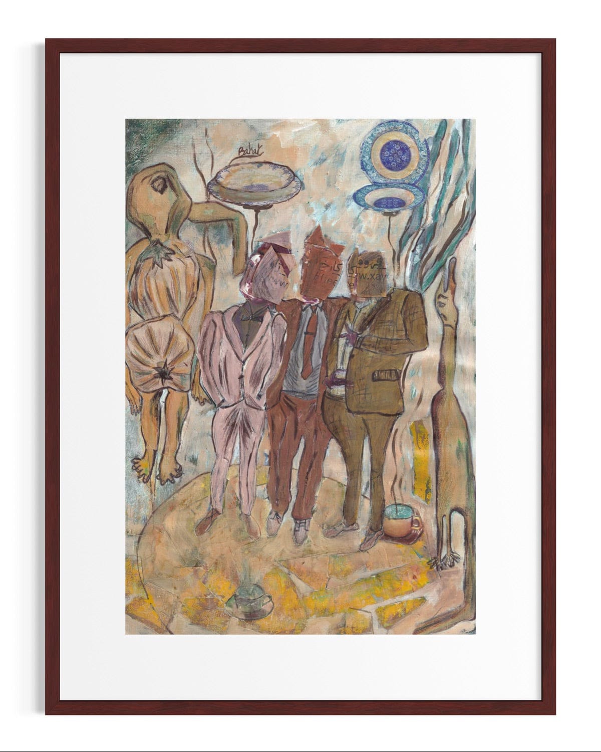 Framed artwork of a group of people with abstract elements