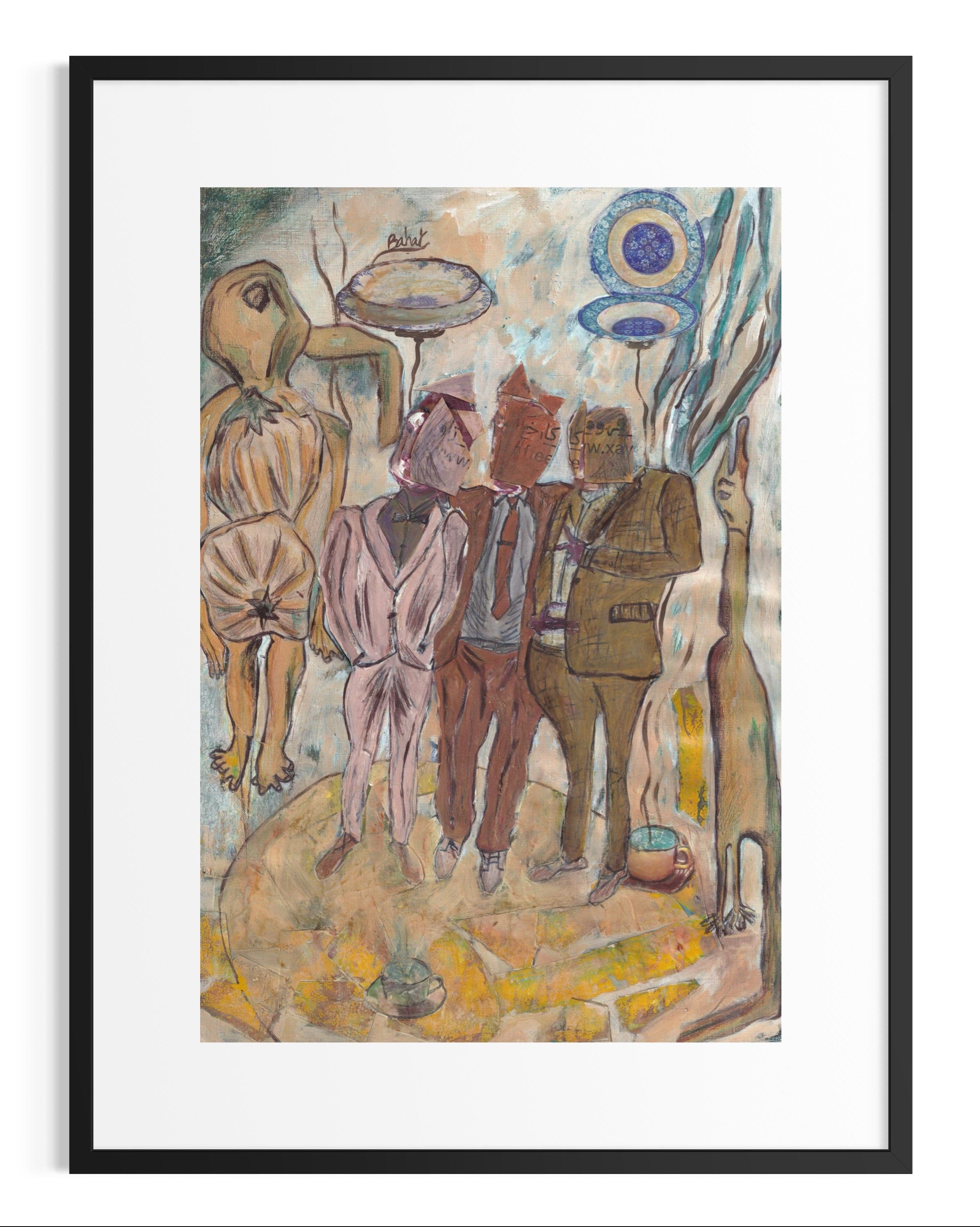 Framed artwork of a group of people with abstract elements