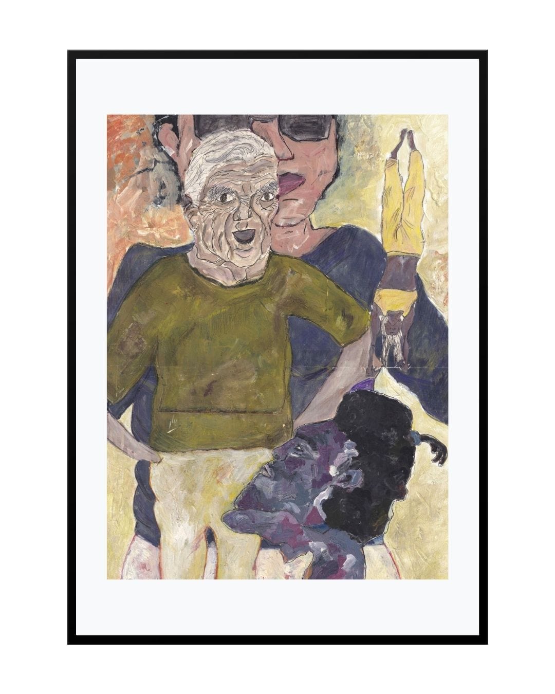 Expressionist painting titled "Family Traditions," portraying a multigenerational family with solemn, reflective postures