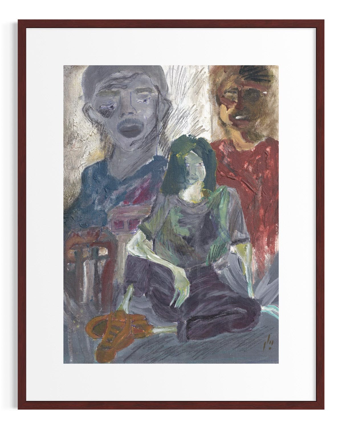 Framed artwork of three figures in a stylized manner with a brown frame.