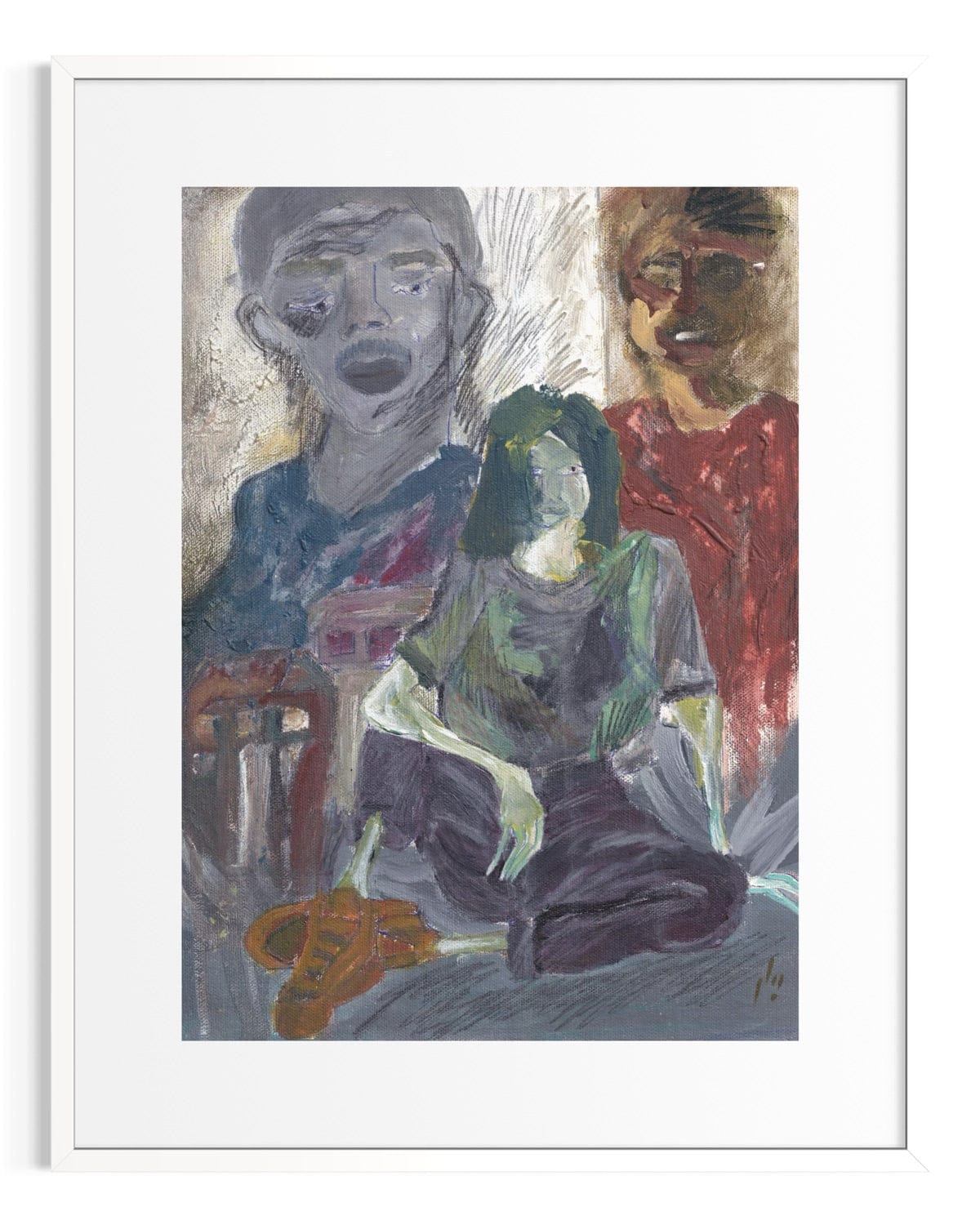 Artistic depiction of three figures in a stylized manner with a white border.