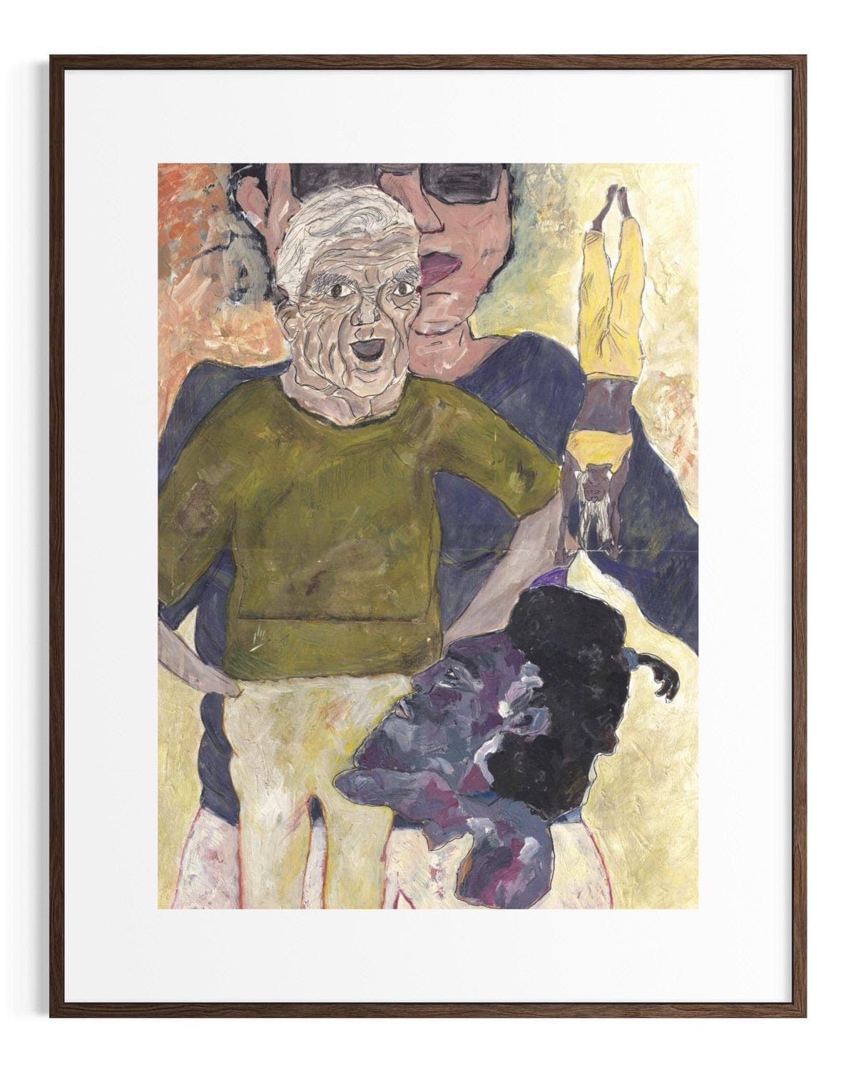 Framed artwork of a person with a dog on a white background