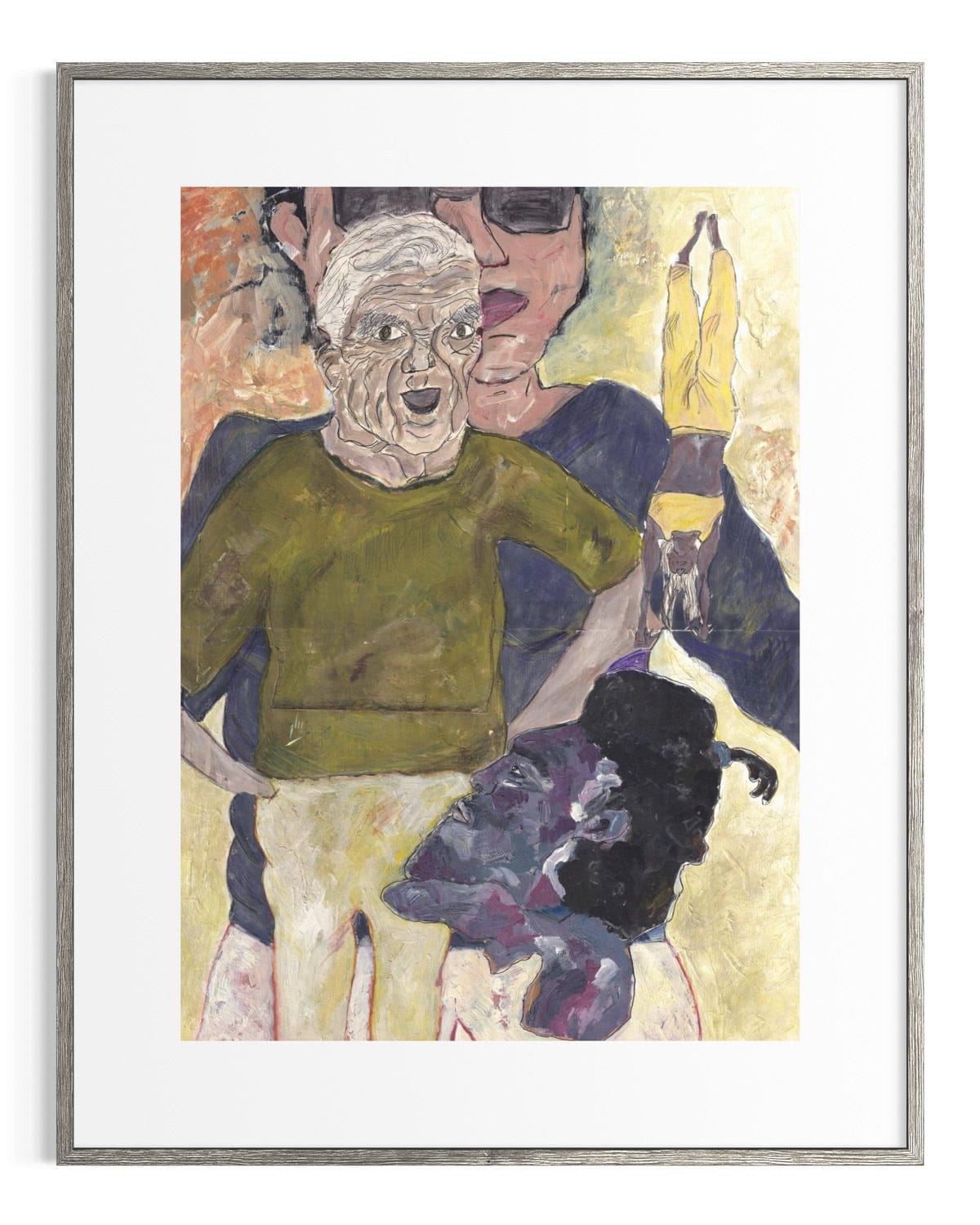 Framed artwork of a stylized portrait with abstract elements