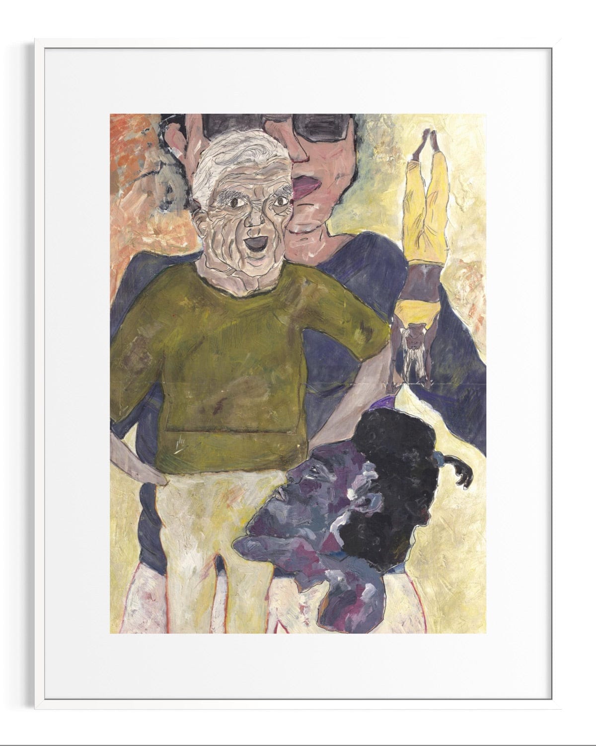 Artistic depiction of a person with a dog, framed in white.