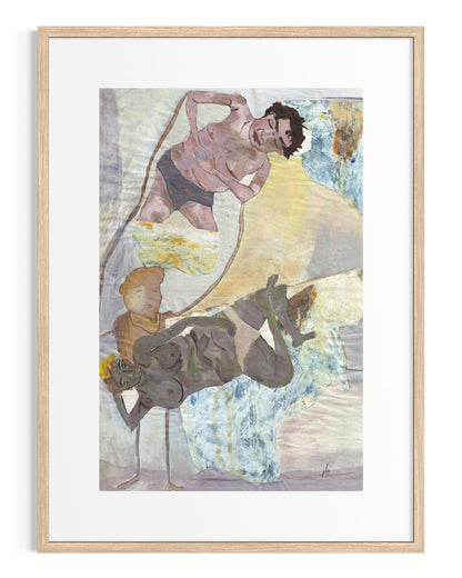 Framed artwork of a man holding a child on his shoulders with another child standing below.