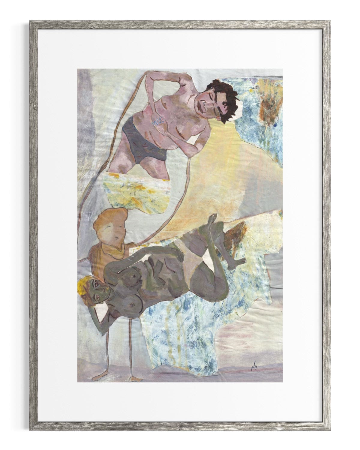 Framed artwork of two figures with a yellow umbrella against a colorful background.