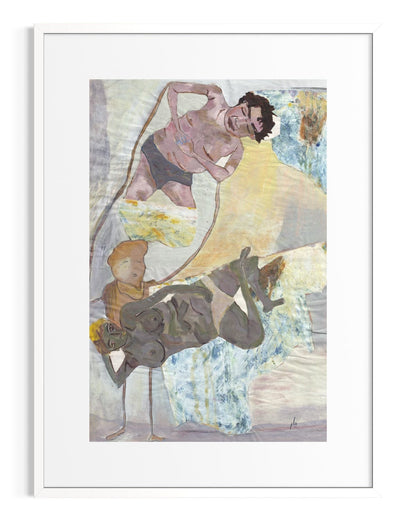 Framed artwork of a man holding a child on his shoulders with another child standing below.