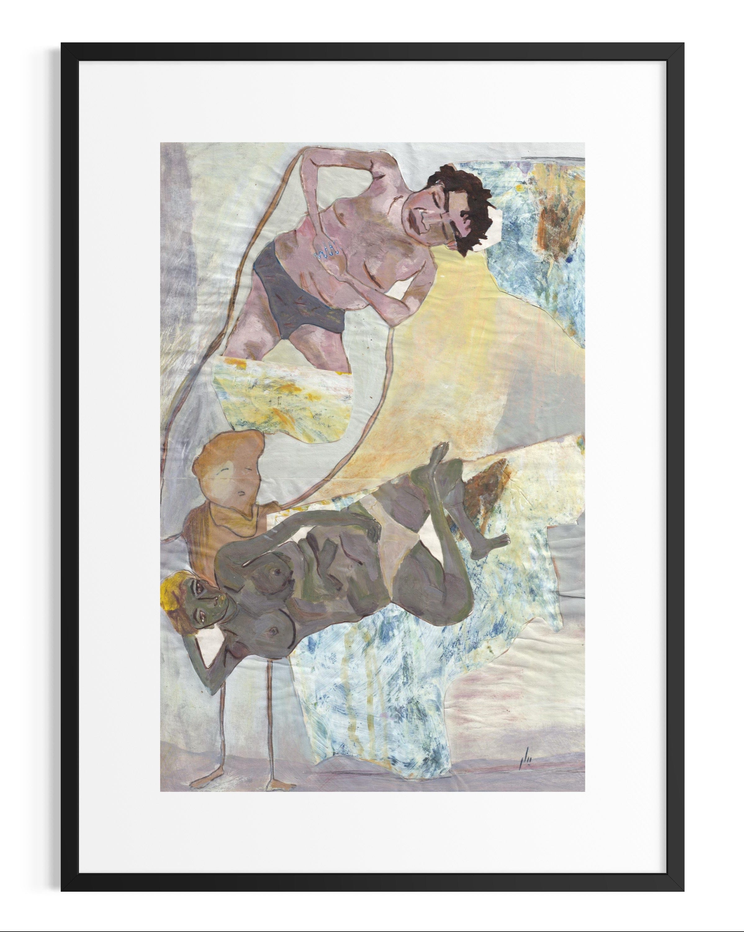 Framed artwork of a man with a spear and a child on a boat against a colorful background.