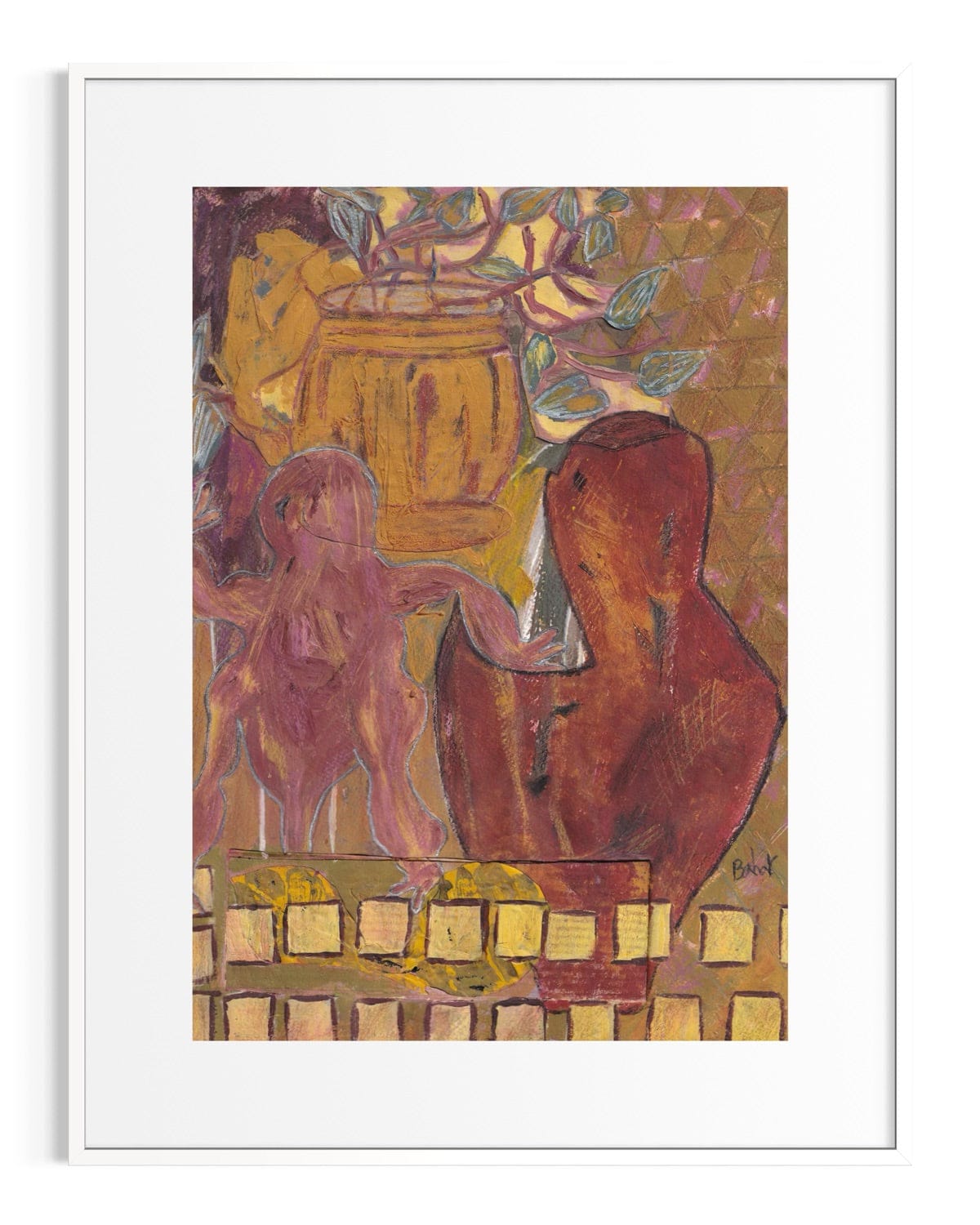 Framed artwork of two abstract figures with a barrel and flowers.