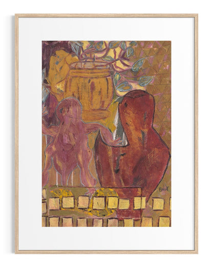 Framed artwork of two abstract figures in a warm color palette.