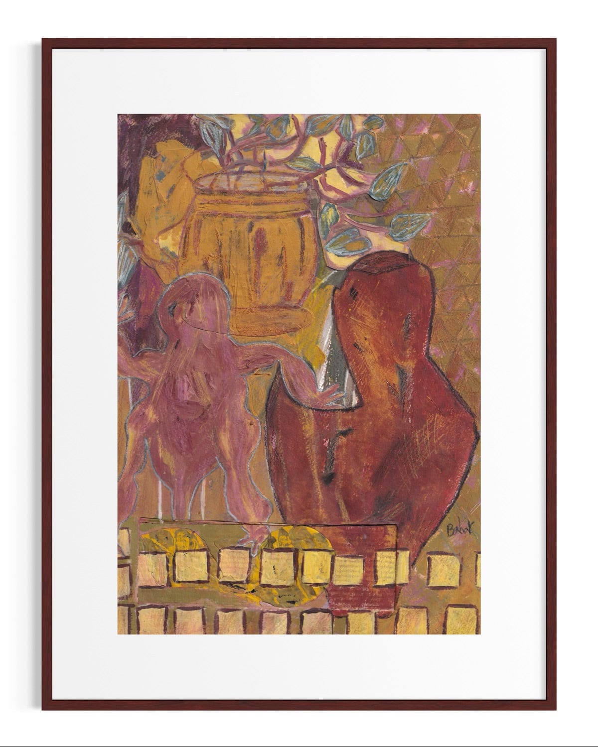 Framed artwork of two figures by a barrel with a warm color palette.