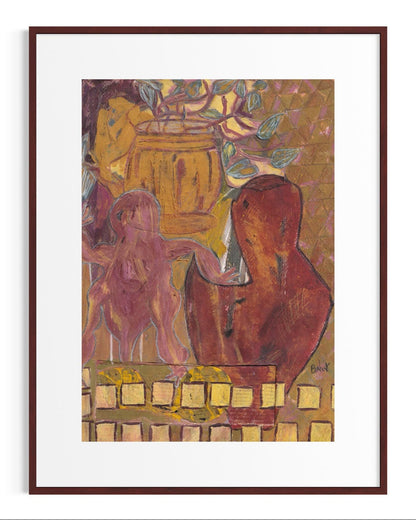 Framed artwork of two figures by a barrel with a warm color palette.