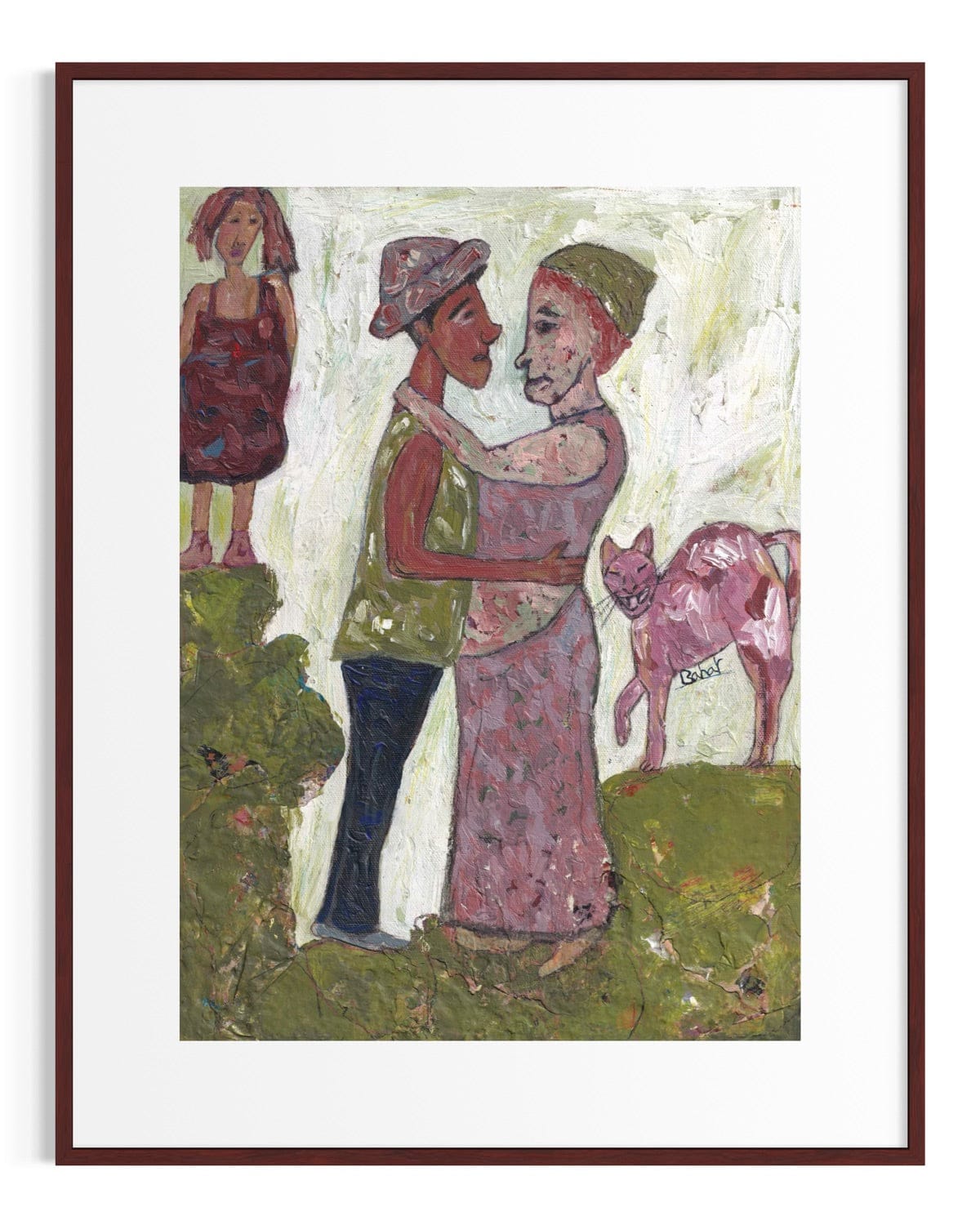 Framed artwork of two people embracing with a dog in a natural setting