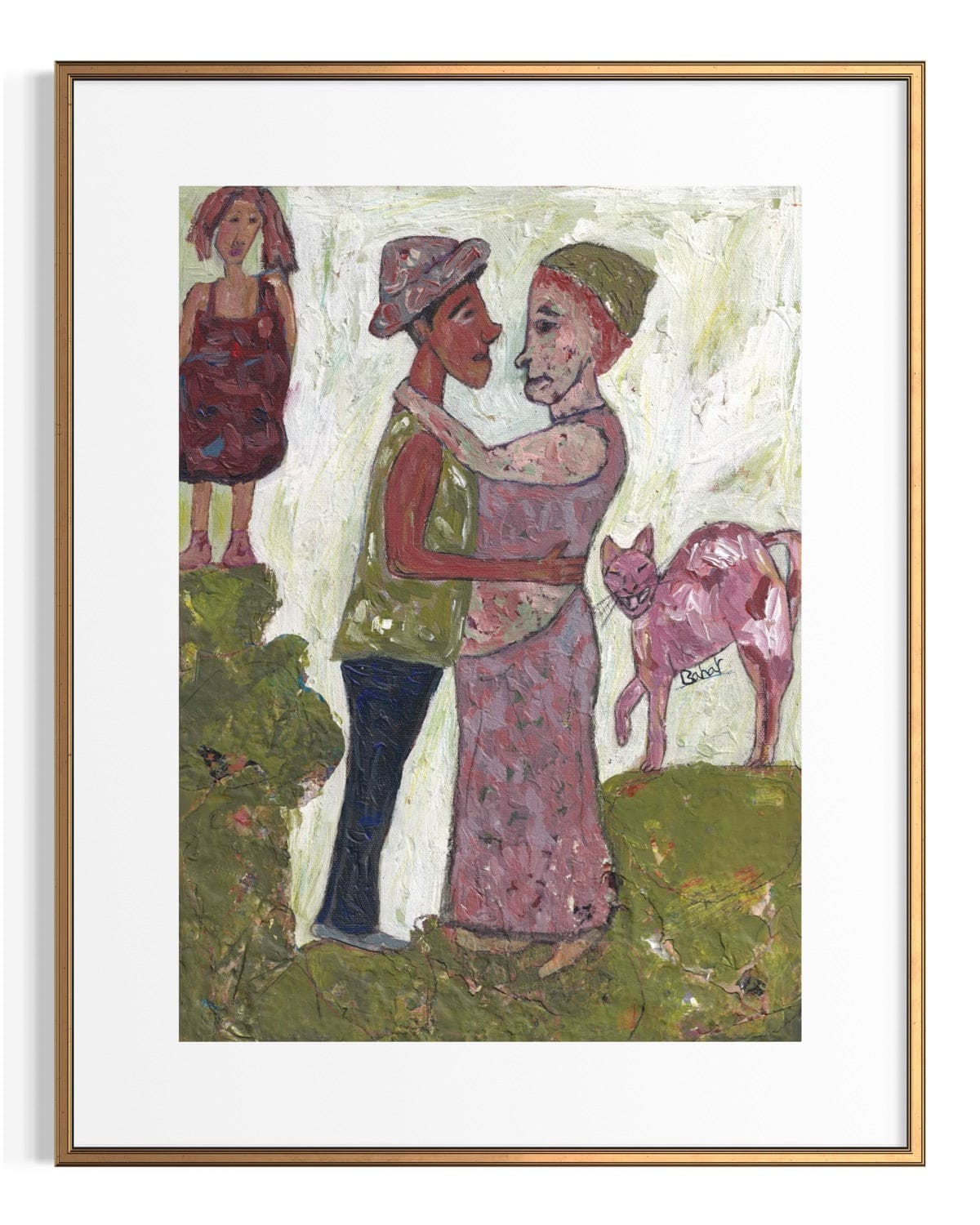 Framed artwork of two people embracing with a deer in a natural setting.