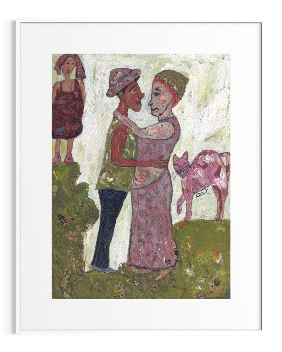 Framed artwork of two people embracing with a dog in a natural setting