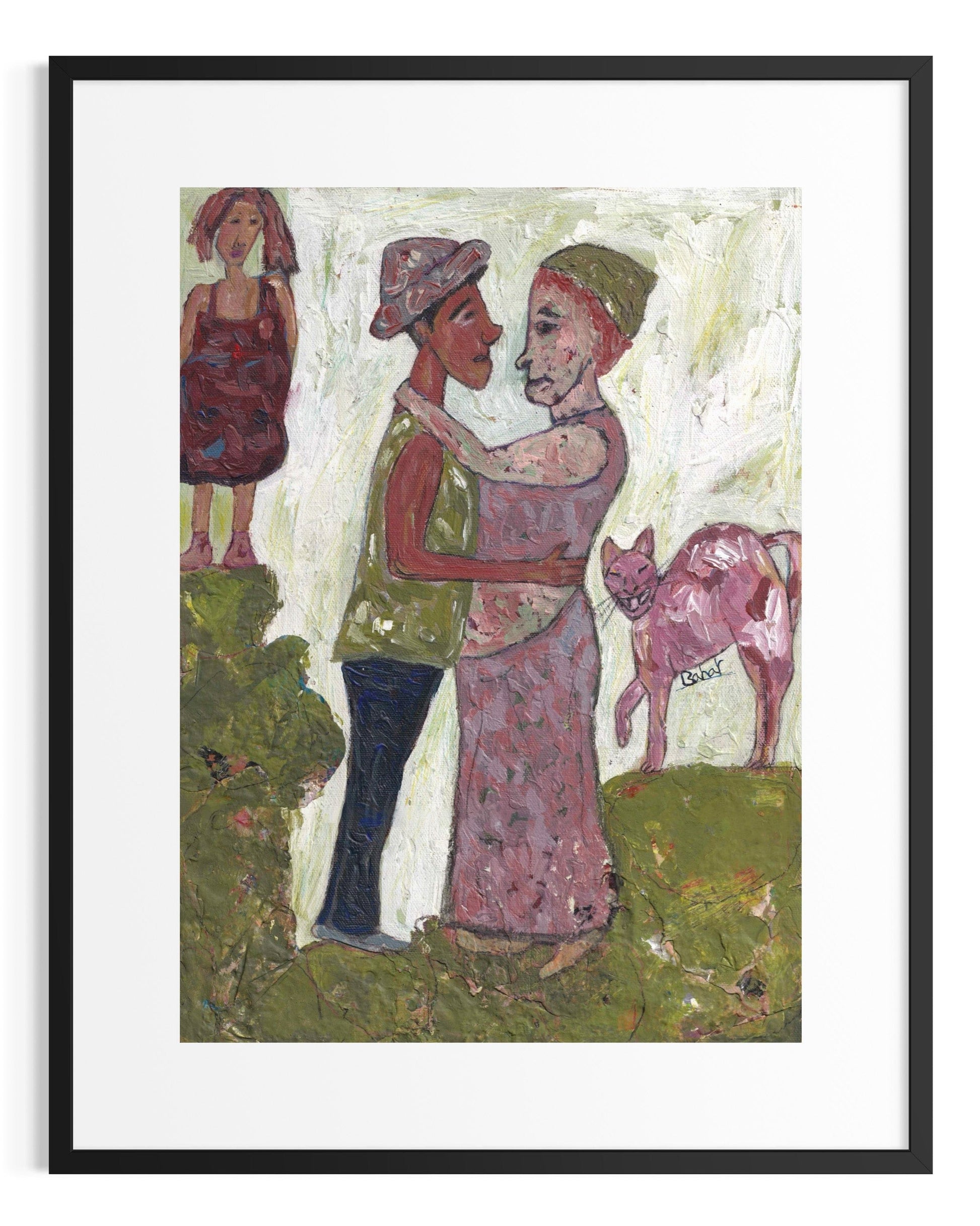 Framed artwork of two people embracing with a dog in a natural setting