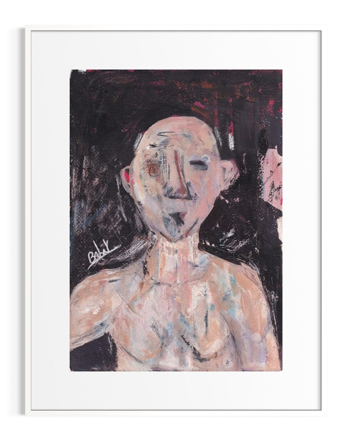 Artistic depiction of a bald figure with minimal details on a dark background