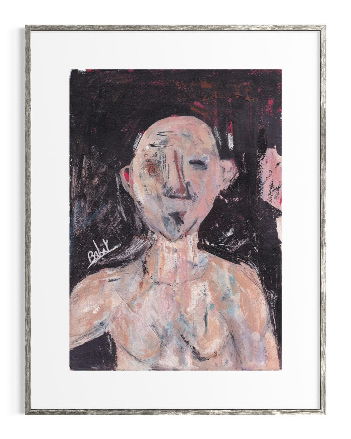 Framed abstract painting of a nude figure with a dark background