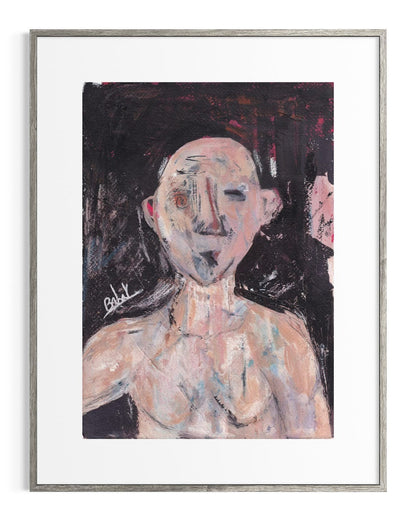 Framed abstract painting of a nude figure with a dark background