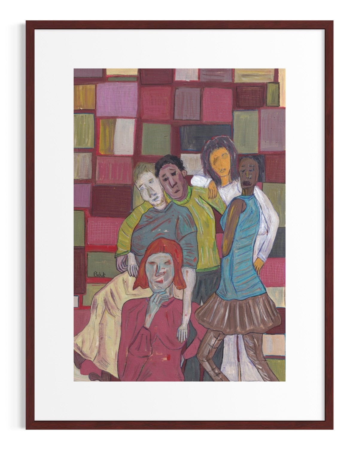 Framed artwork of four people in a colorful room setting