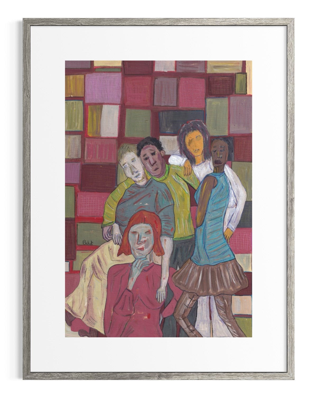 Framed artwork of four people in a colorful abstract setting