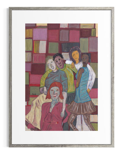 Framed artwork of four people in a colorful abstract setting