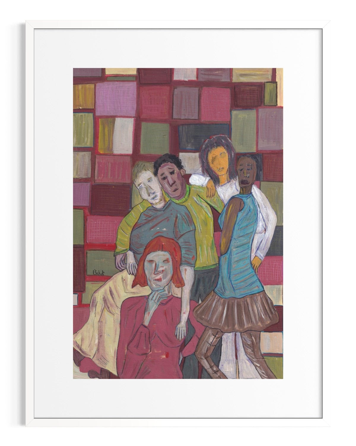 Framed artwork of four people in a colorful abstract setting