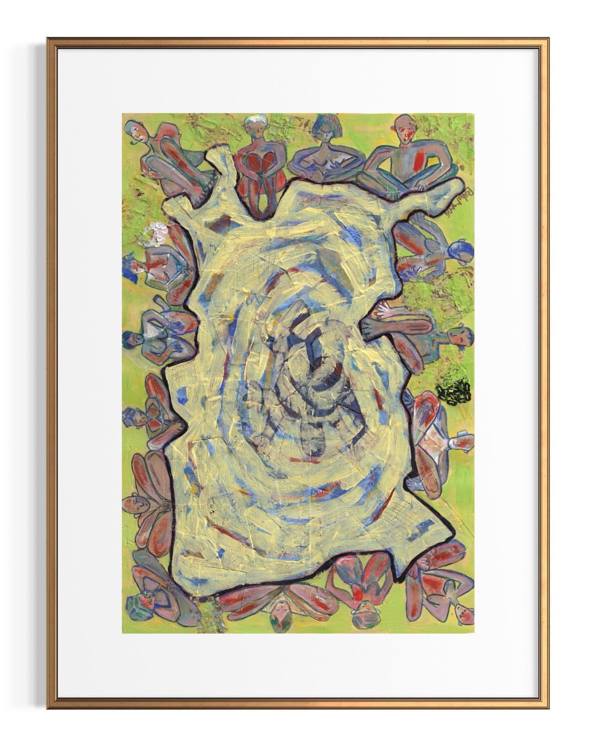Framed abstract artwork with a central spiral design on a green background
