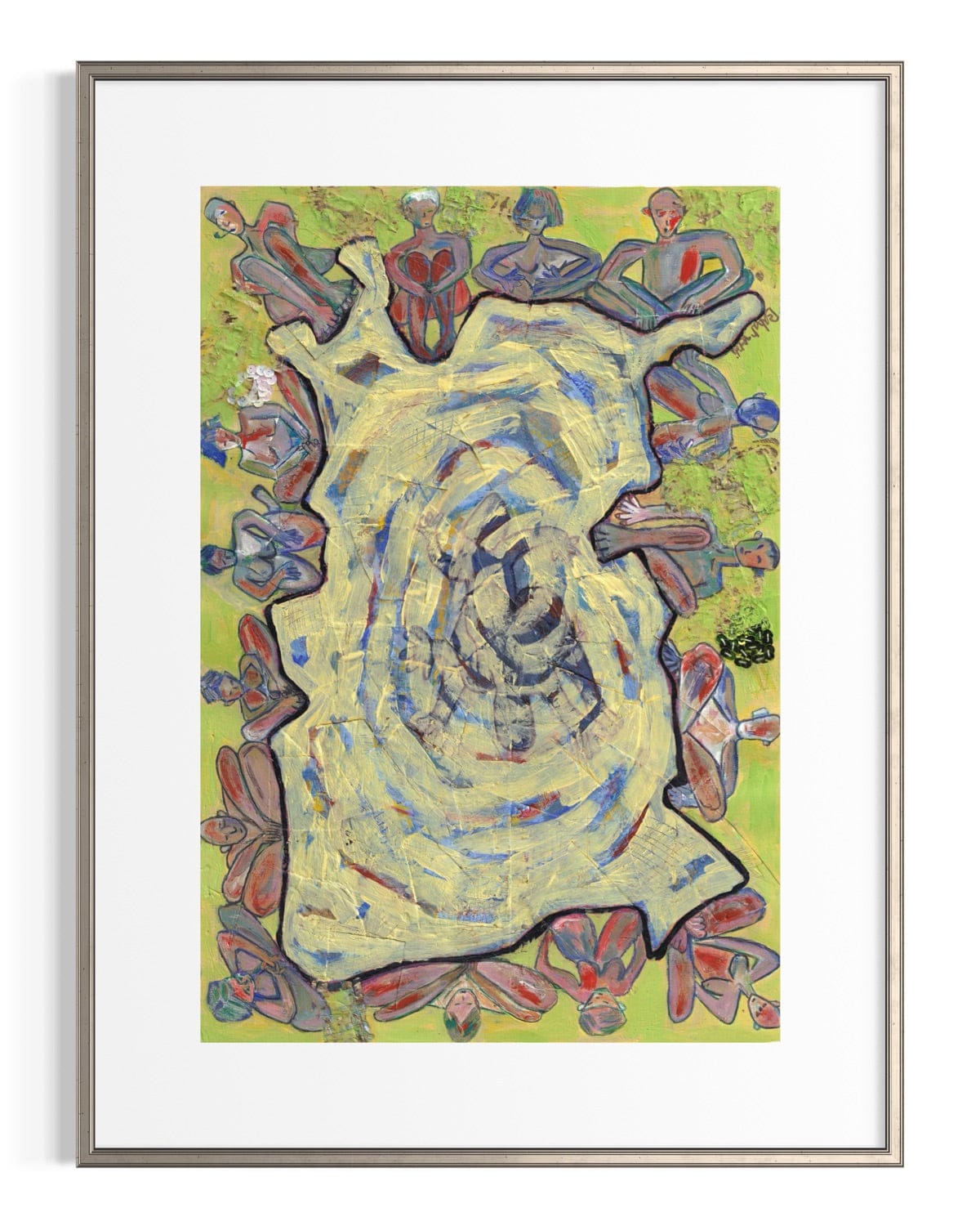 Framed abstract artwork with a central spiral design on a green background