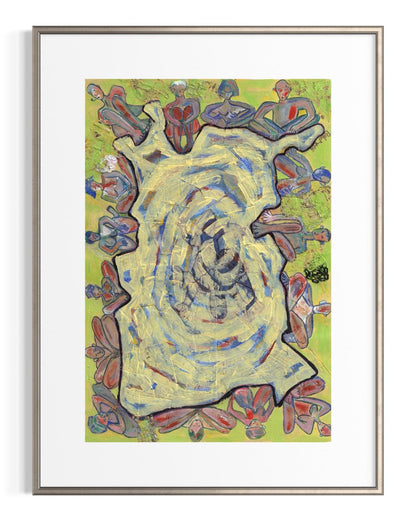 Framed abstract artwork with a central spiral design on a green background