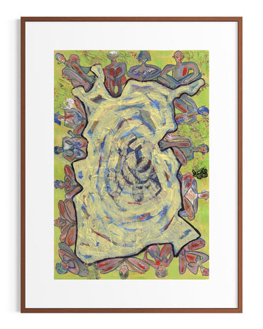 Framed abstract artwork with a central spiral design on a green background