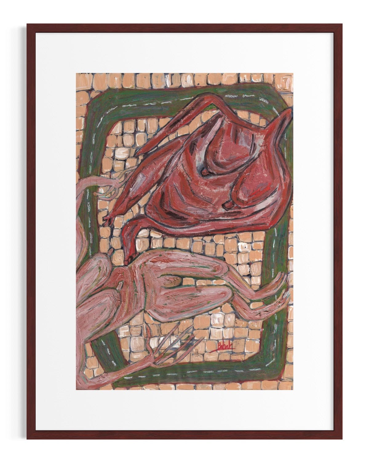 Framed artwork of abstract design with red and green elements on a beige background
