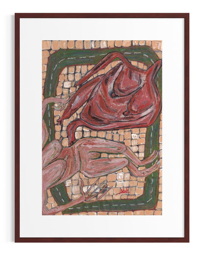 Framed artwork of abstract design with red and green elements on a beige background