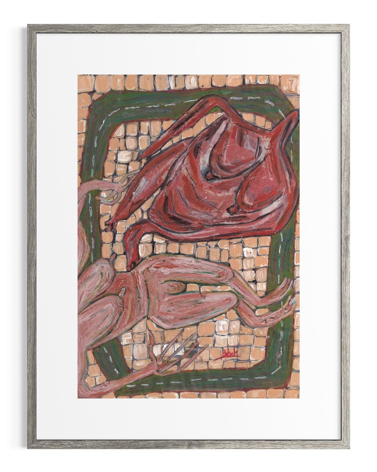 Framed artwork of abstract red and green shapes on a mosaic background