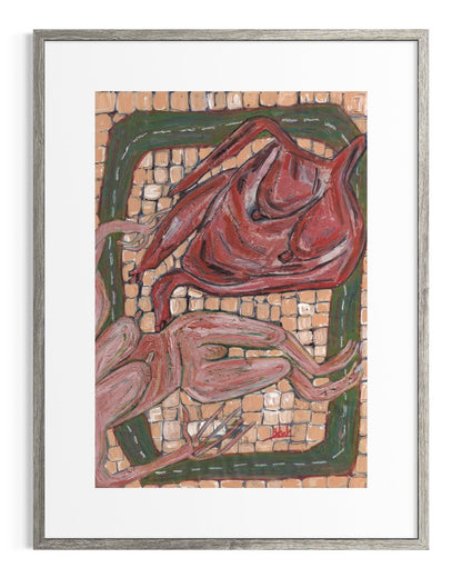 Framed artwork of abstract red and green shapes on a mosaic background