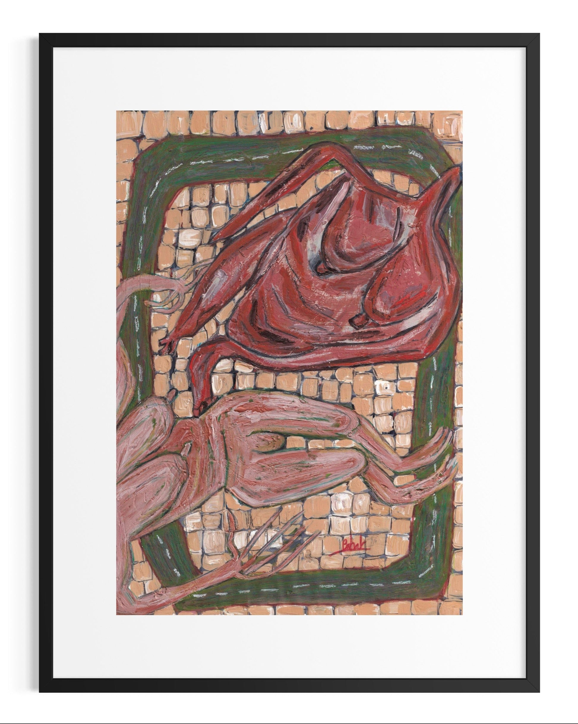 Abstract artwork with red and pink shapes on a mosaic background