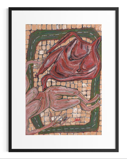 Abstract artwork with red and pink shapes on a mosaic background