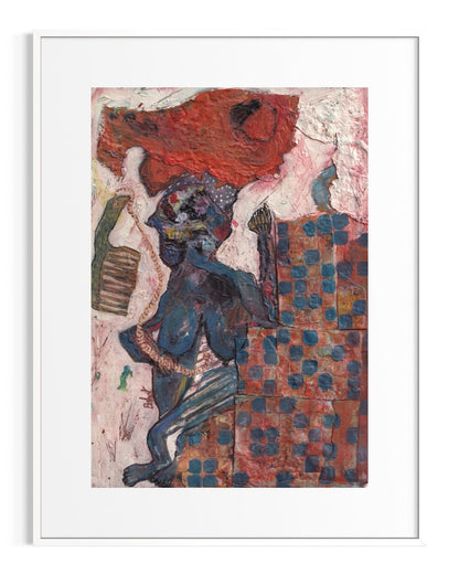 Framed artwork of a figure with abstract patterns and colors