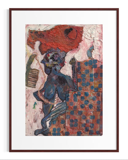 Framed abstract artwork with a figure and geometric patterns