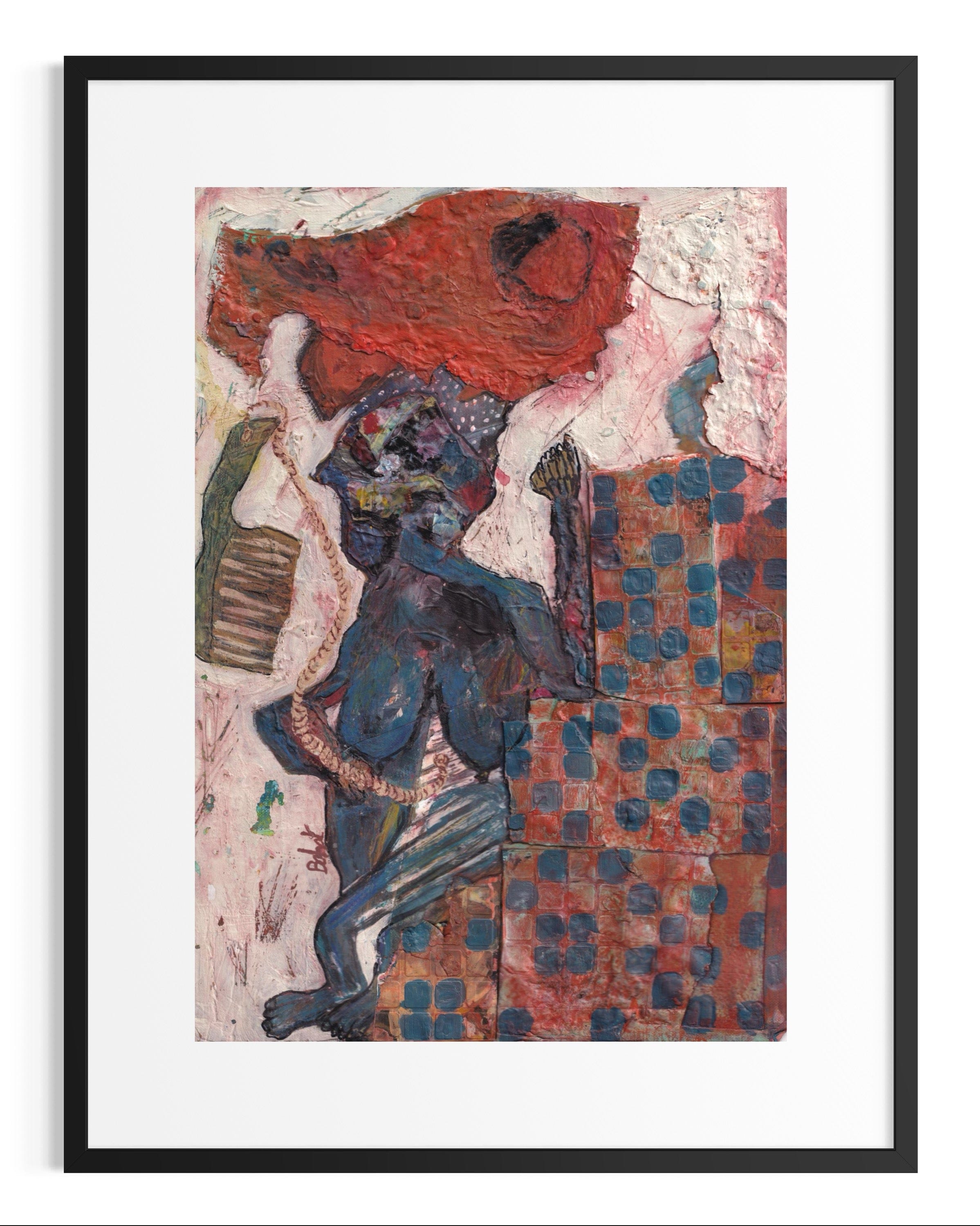 Abstract artwork with a figure and geometric patterns in a black frame.