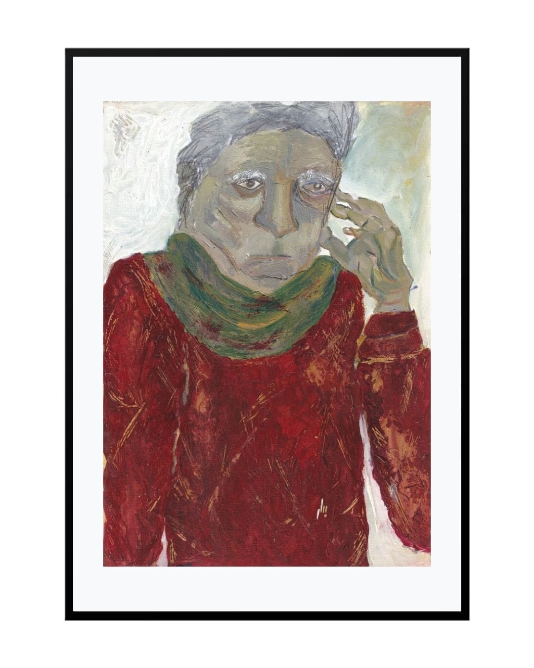 Expressionist painting titled "Grandpa," portraying an elderly man with a solemn, reflective gaze