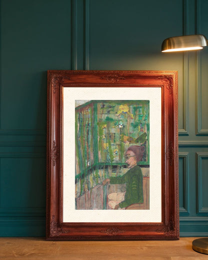 Neo-expressionist style artwork portraying a contemplative green woman with surreal accents