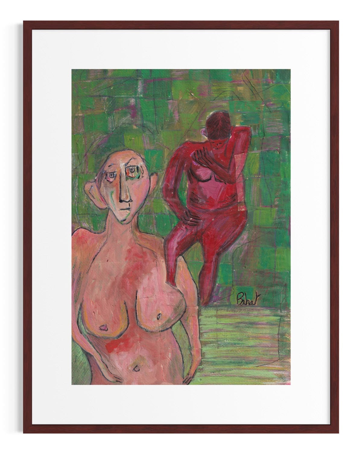 Abstract painting of two figures in a frame with a white border